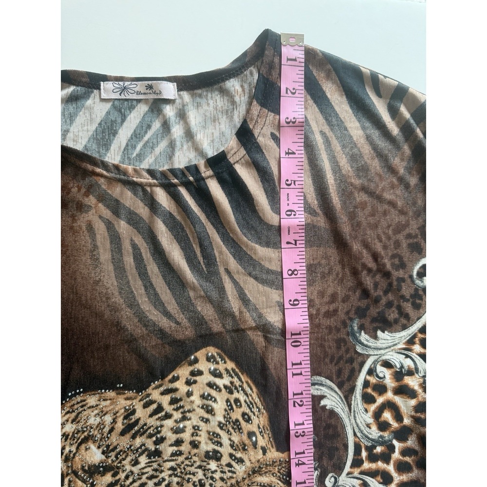 Blossom By P Leopard Tunic Top Rhinestone Bling Slinky Knit Animal Ruched L/XL - Picture 12 of 13